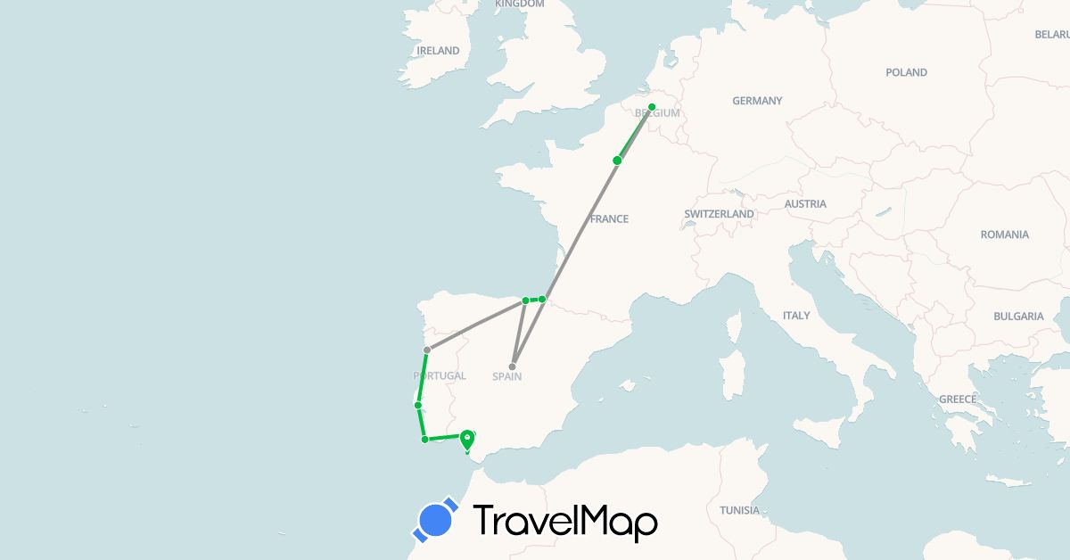 TravelMap itinerary: driving, bus, plane in Belgium, Spain, France, Portugal (Europe)